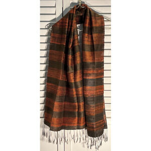 Vintage Linen-Viscose(?) Blend Scarf Brown Orange Stripes ~ 67"x17"‎